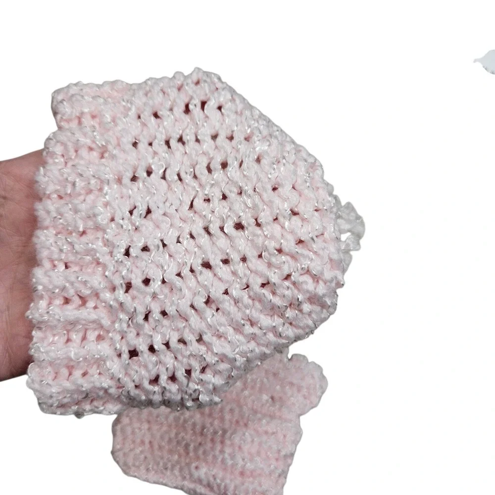 Baby Crochet Knit Hat Mittens Booties‎ Set Pink Sparkle Pom Pom Newborn Gift 0-6